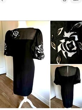 🆕 🇨🇦 Statement little black dress w/its original white floral applique-vintage